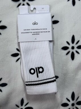 ALO Yoga White Crew Socks with Black Logo and Stripes